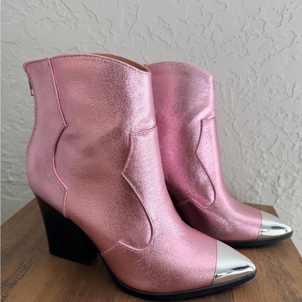 Western Pink Metallic Ankle Boots with Silver Toe